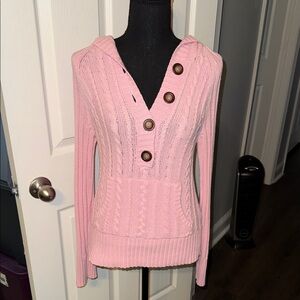 🖤AEROPOSTALE VINTAGE LIGHT PINK CABLE KNIT HOODED SWEATER SIZE L🖤